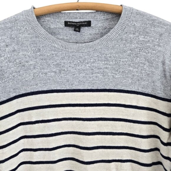 Banana Republic Mens Medium Striped Crew Neck Sweater Long Sleeve Gray Ivory Nav - Picture 3 of 7